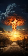Vertical shot of a nuclear bomb explosion. Nuclear war concept, nuclear mushroom. Generative AI