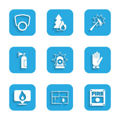 Fototapeta premium Set Flasher siren, Evacuation plan, Fire alarm system, Firefighter gloves, Location with fire flame, extinguisher, axe and Gas mask icon. Vector
