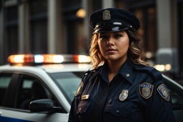 A female police officer wearing a uniform stands near a car on the streets and patrols the streets of the city.