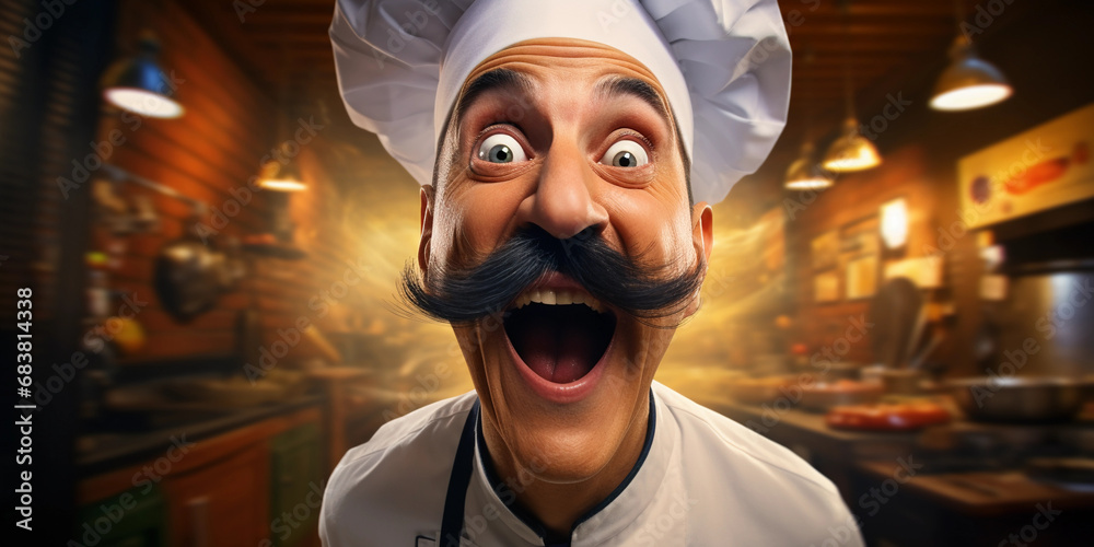 Wall mural exaggerated caricature portrait of a chef with an oversized hat, twirling a gigantic mustache - Wall murals