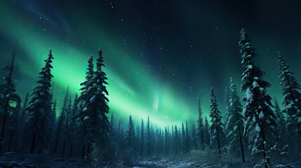 Fototapeta na wymiar aurora lights over green snowy forests