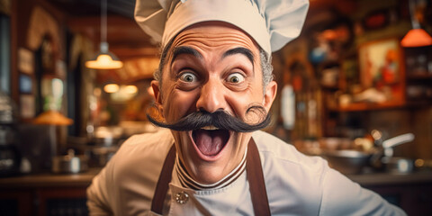 Fototapeta na wymiar Exaggerated caricature portrait of a chef with an oversized hat, twirling a gigantic mustache