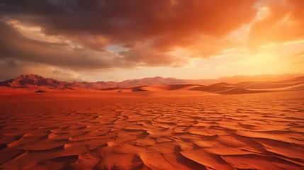 Foto op Plexiglas Global warming concept. Lonely sand dunes under dramatic evening sunset sky at drought desert landscape © Boraryn