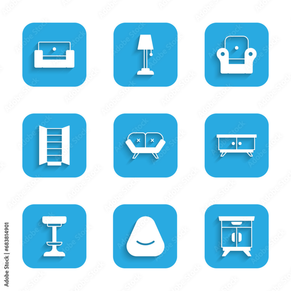 Poster Set Sofa, Pouf, Furniture nightstand, Chair, Wardrobe, Armchair and icon. Vector