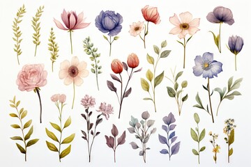 Abstract watercolor flowers, leaves, branches. Boho and multiple color palette with a white background. Vector, floral clipart.