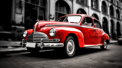 old red car in the street retro style wallpaper  - obrazy, fototapety, plakaty