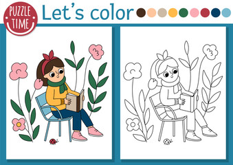 French themed coloring page for children with girl reading a book in the garden. Vector French outline illustration. Color book for kids with colored example. Drawing skills printable worksheet.