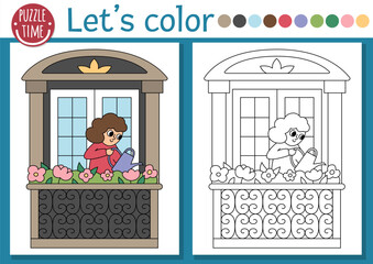 French themed coloring page for children with girl watering flowers in balcony. Vector French outline illustration. Color book for kids with colored example. Drawing skills printable worksheet.