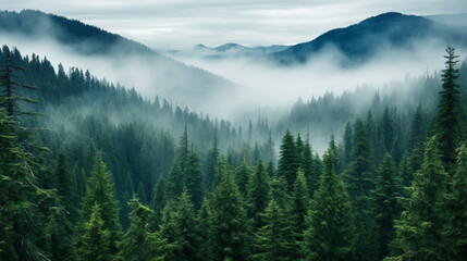 Paysage de forêt dans les montagnes. Nuage, brume, brouillard. Horizon, calme. Pour conception et création graphique. - obrazy, fototapety, plakaty