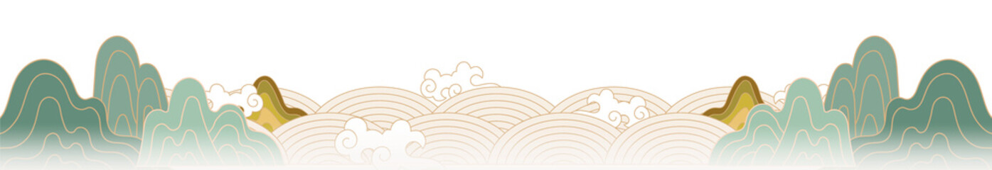 Illustration of East Asian traditional patterns of mountains and clouds.
