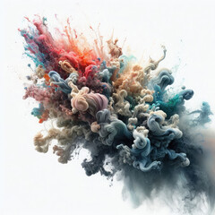 Abstract colorful ink paint splash, splatter brush strokes, Watercolor powder explosion, smoke paint effect, stain grunge isolated on white background