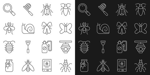 Set line Termite, Hive for bees, Butterfly, Beetle bug, Snail, Insect, Magnifying glass and Clothes moth icon. Vector