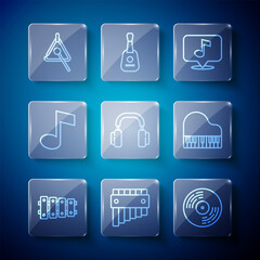 Set line Xylophone, Pan flute, Vinyl disk, Musical note, Headphones, tone, Triangle and Grand piano icon. Vector