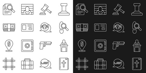 Set line Holy bible book, Judge, Footsteps, gavel, Identification badge, Bribe money cash, Paper analysis magnifying and Scales of justice icon. Vector
