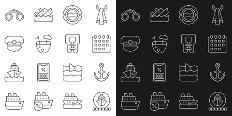 Set line Cruise ship, Anchor, Calendar, Ship porthole with seascape, Coconut cocktail, Captain hat, Binoculars and Life jacket icon. Vector