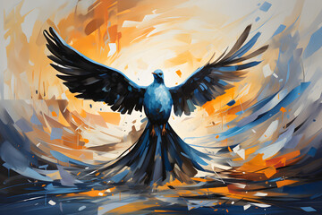 Inspirational dove with open wings in front of golden clouds of light - obrazy, fototapety, plakaty