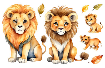 Obraz na płótnie Canvas set of watercolor cute safari lion isolated on transparent backgound