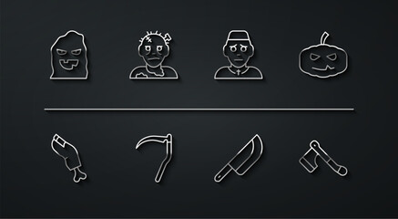 Set line Funny and scary ghost mask, Zombie finger, Pumpkin, Knife, Scythe, Wooden axe and Priest icon. Vector