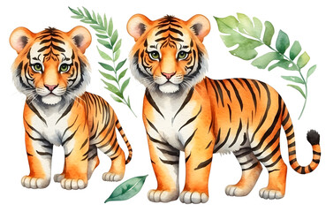 Obraz premium set of watercolor cute safari tiger isolated on transparent backgound