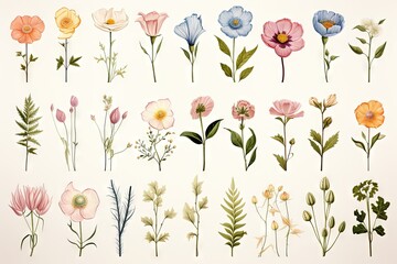 Abstract watercolor flowers, leaves, branches. Boho and multiple color palette with a white background. Vector, clipart.