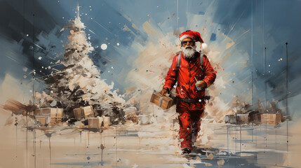 "Journey of Giving"
Santa Claus strides purposefully through a snowy scene, his figure a burst of red against a backdrop of a white Christmas tree and falling snow, embodying the spirit of giving.