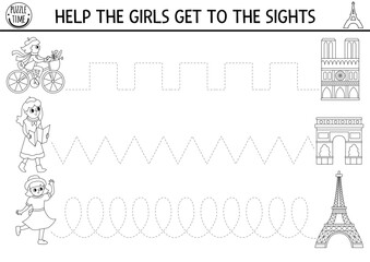 Vector French themed handwriting practice worksheet. French printable black and white activity for kids. Tracing game for writing skills. Coloring page with girls going to Eiffel Tower, Cathedral