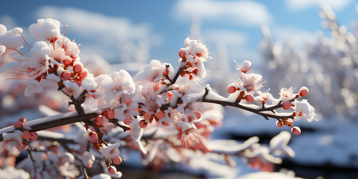 Frühjahrsknospen am Zweig mit Schnee bedeckt im schönen Licht im Querformat für Banner, ai generativ
