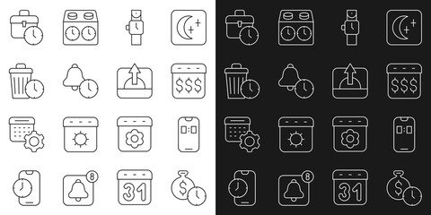Set line Time is money, Alarm clock app mobile, Payday, calendar with dollar, Wrist watch, Waste of time, Work and Sunrise icon. Vector
