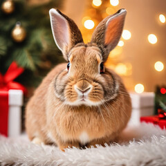 a portrait of a cute Christmas rabbit, soft light, Christmas background with giant presents and Christmas tree, cute animal, Xmas, funny, joy. Generative AI