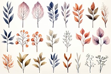 Abstract watercolor flowers, leaves, branches. Boho and multiple color palette with a white background. Vector, floral clipart.