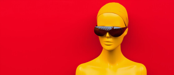 Mannequin doll model showcasing the brightest red and most vivid sunflower yellow complementary...