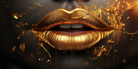 Sexy geöffneter Mund einer Frau mit Kupfer goldenen Lippenstift und großartigen Makeup in Nahaufnahme im Querformat für Banner, ai generativ - obrazy, fototapety, plakaty