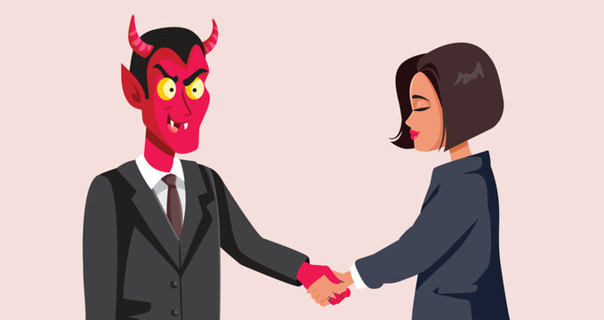 Businesswoman Making a Pact with the Devil Vector Cartoon Illustration. Office worker taking a satanic deal selling her soul 
