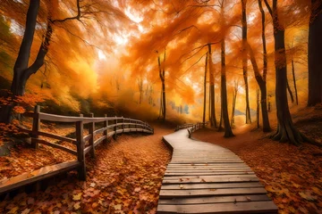 Badezimmer Foto Rückwand panoramic autumn landscape with wooden path fall nature background- © Mazhar