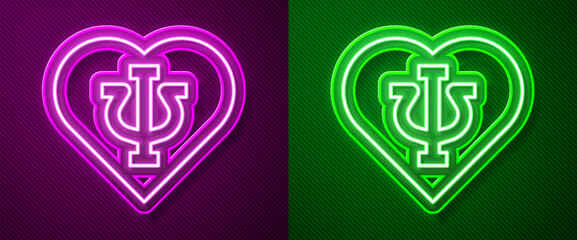 Glowing neon line Psychology icon isolated on purple and green background. Psi symbol. Mental health concept, psychoanalysis analysis and psychotherapy. Vector