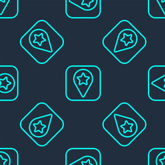 Fototapeta premium Green line Location for camping or tours and travels icon isolated seamless pattern on blue background. Vector