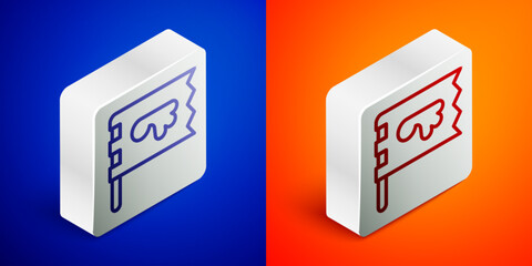 Isometric line Viking flag icon isolated on blue and orange background. Silver square button. Vector
