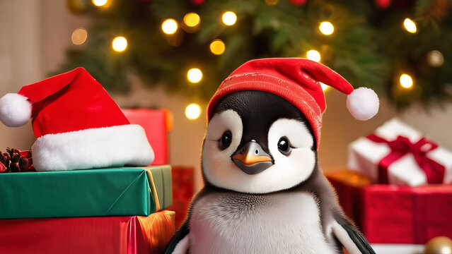 a portrait of a cute Christmas penguin, soft light, Christmas background with giant presents and Christmas tree, cute animal, Xmas, funny, joy. Generative AI