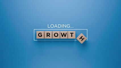 Wooden blocks spelling 'GROWTH' with a loading progress bar on a blue background, personal development and improvement concept