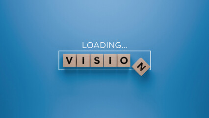 Wooden blocks spelling 'VISION' with a loading progress bar on a blue background, strategic planning and foresight concept - obrazy, fototapety, plakaty
