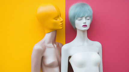 Mannequin doll couple posed affectionately next to each other with unusual facial features and unconventional body types - colorful painted bright vivid colors.