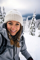 Fototapeta na wymiar Snowy Serenade: Selfie Photo of a Beautiful Young Woman Embracing Winter's Grace in the Mountains.