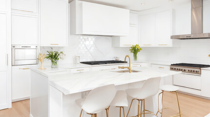 All-white contemporary kitchen with sleek cabinets, white quartz counters and subway tile backsplash. Brass accents in fixtures and hardware pops against neutral palette - Generative AI