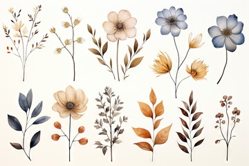 Abstract watercolor flowers, leaves, branches. Boho and multiple color palette with a white background. Vector, floral clipart.