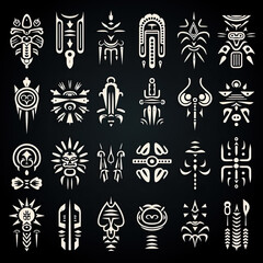 Native american indian tribal vector icons set. Aztec-inspired, abstract symbols. White vector illustrations on black background.
