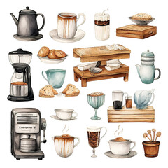 Coffee Shop Equipment clipart Set : Beautiful Watercolor Style