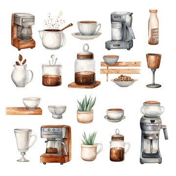 Coffee Shop Equipment clipart Set : Beautiful Watercolor Style
