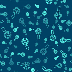 Green line Microorganisms under magnifier icon isolated seamless pattern on blue background. Bacteria and germs, cell cancer, microbe, virus, fungi. Vector - obrazy, fototapety, plakaty