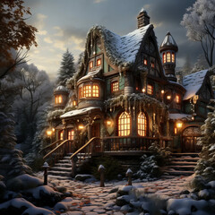 Enchanted winter home aglow with warm lights