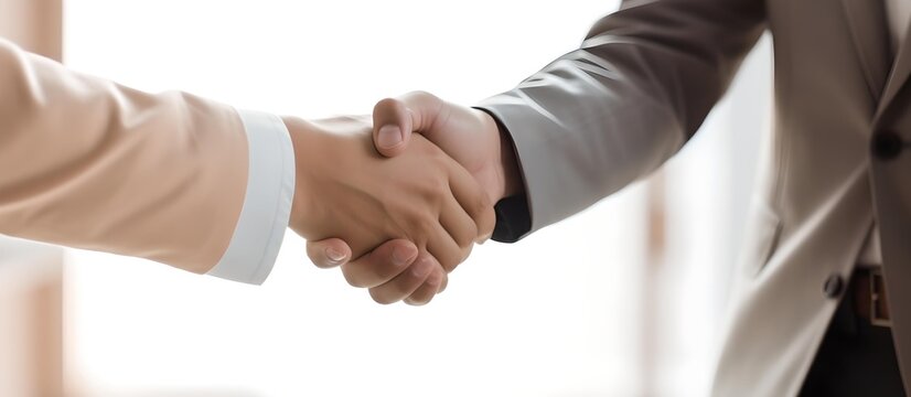 A successful handshake sealing a deal between business partners, highlighting the concepts of partnership, collaboration, and teamwork in a professional office setting.